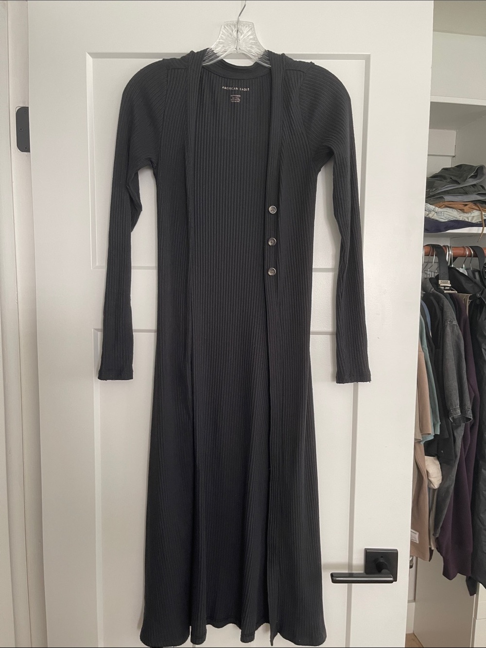 American Eagle Ribbed Button-Front Long Dress - Navy Blue/Black XS